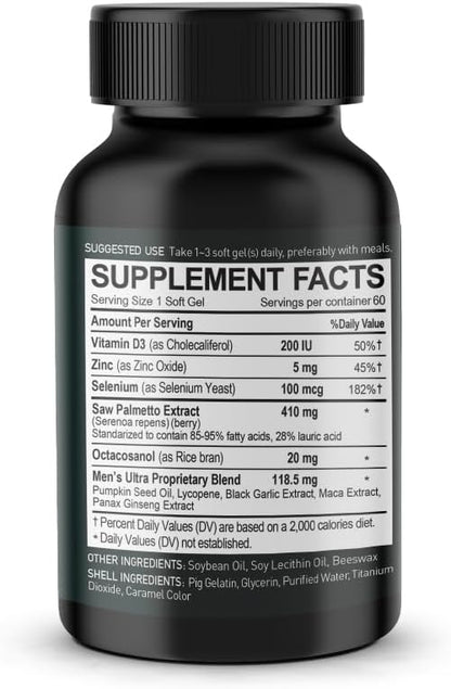 Men's Ultra Saw Palmetto + Octacosanol - 60 Softgels x 1 Bottle, Men Health, Dietary Supplement (60 Count)