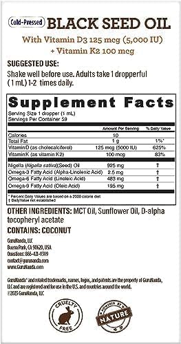 GuruNanda Black Seed Oil, Cold-Pressed Nigella Sativa - Rich in Vitamin D3 5000 Units, K2 & E, High Thymoquinone | Potent Antioxidant for Immune Support, Non-GMO, 2 Fl.oz