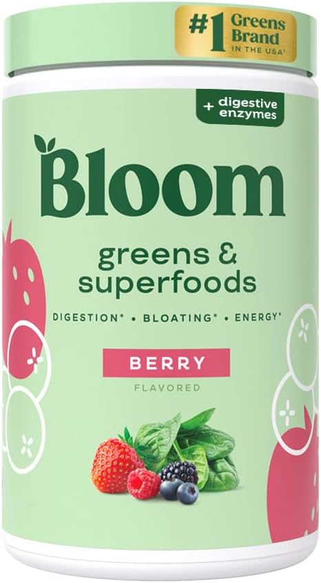 Bloom Nutrition Superfood Greens Powder, Digestive Enzymes with Probiotics and Prebiotics, Gut Health, Bloating Relief for Women, Chlorella, Green Juice Mix with Beet Root Powder, 25 SVG, Berry