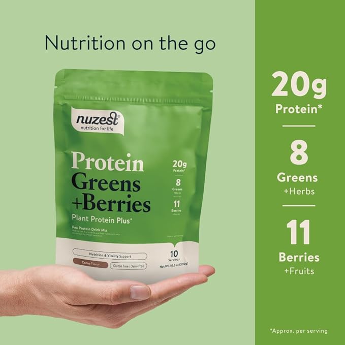 Nuzest – Protein Greens + Berries – Superfood Powder – Plant Protein Blend - 300g / 10.6 oz Pouch (10 Servings) (Cocoa, 300g)