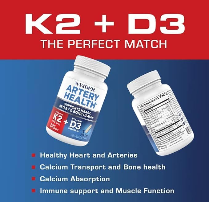 Weider Artery Health for Heart, Immune and Bone Support with Vitamin K2 (180mcg) & Vitamin D3 (5000iu), 30 Veggie Capsules