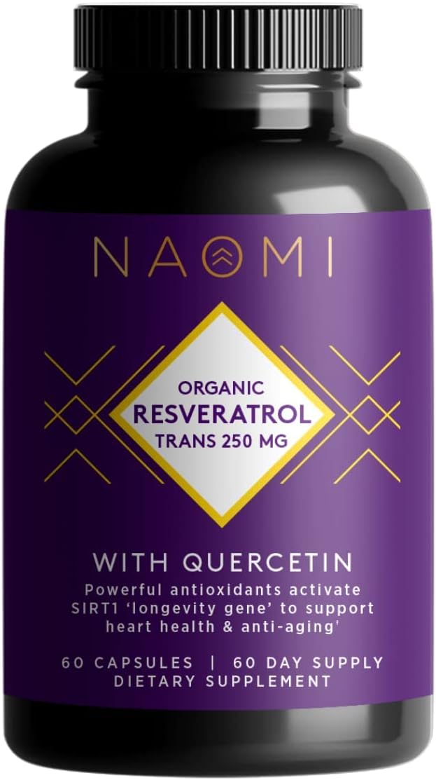 NAOMI Organic Trans Resveratrol Supplement 250mg with Quercetin, Muscadine Grapes, Antioxidant Support, High Absorption, 60 Veggie Capsules