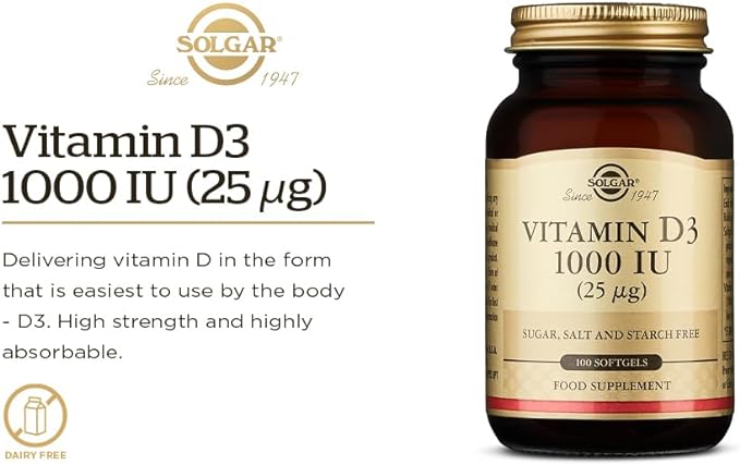 Solgar Vitamin D3 (Cholecalciferol) 25 MCG (1000 IU), 250 Softgels - Helps Maintain Healthy Bones & Teeth - Immune System Support - Non-GMO, Gluten Free, Dairy Free - 250 Servings