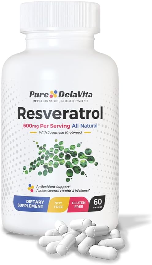 Resveratrol Supplement with Antioxidants, Anti Aging, Heart & Immune Health 600mg per Serving, 60 Capsules, Japanese Knotweed, Gluten & Soy Free