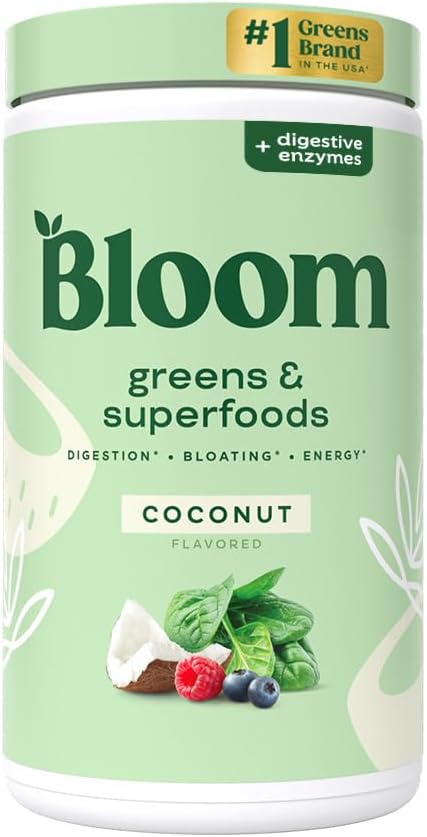 Bloom Nutrition Superfood Greens Powder, Digestive Enzymes with Probiotics and Prebiotics, Gut Health, Bloating Relief for Women, Chlorella, Green Juice Mix with Beet Root Powder, 60 SVG, Coconut