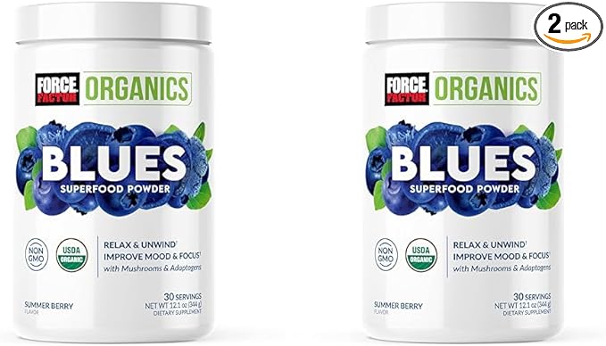 Force Factor Organics Blues Superfood Powder for Stress Relief and Mood Support with Ashwagandha, Blue Spirulina Powder, Cordyceps, and Lion’s Mane, Vegan and Non-GMO, Summer Berry, 30 Servings