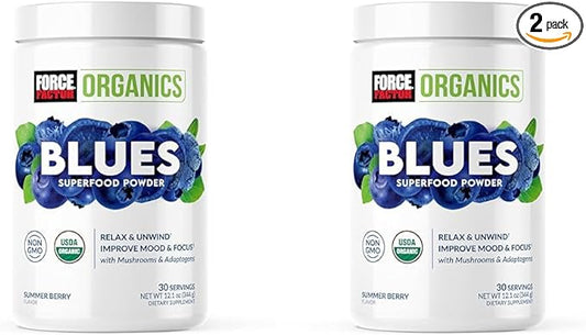 Force Factor Organics Blues Superfood Powder for Stress Relief and Mood Support with Ashwagandha, Blue Spirulina Powder, Cordyceps, and Lion’s Mane, Vegan and Non-GMO, Summer Berry, 30 Servings