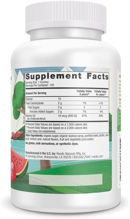 Nordic Naturals Vitamin D3 Gummies Kids, Wild Watermelon Splash - 120 Gummies - 400 IU Vitamin D3 - Bone Health, Healthy Immunity - Non-GMO, Vegetarian - 120 Servings