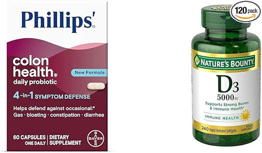 Phillips' Colon Health Daily Probiotic Capsules, 4-in-1 Symptom Defense & Nature's Bounty Vitamin D3, Immune Support, 125 mcg (5000iu), Rapid Release Softgels, 240 Ct