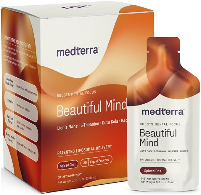 Medterra, 30 Count, Beautiful Mind Focus & Brain Health Supplement with All Natural Lion’s Mane, Gotu Kola, Bacopa and L Theanine, Single Serve Chai Liquid Pouches, 30 Count.