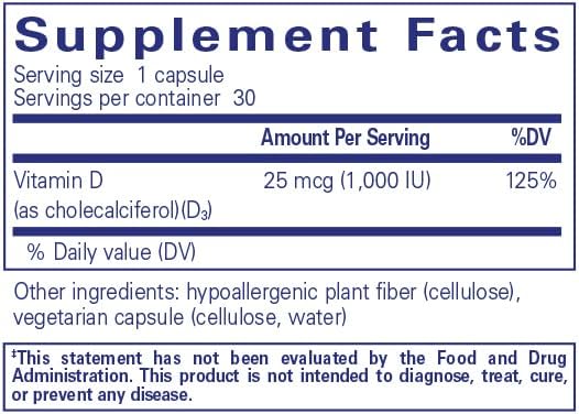 Pure Encapsulations Vitamin D3 25 mcg (1,000 IU) - Supplement to Support Bone, Joint, Breast, Heart, Colon & Immune Health - with Premium Vitamin D - 30 Capsules