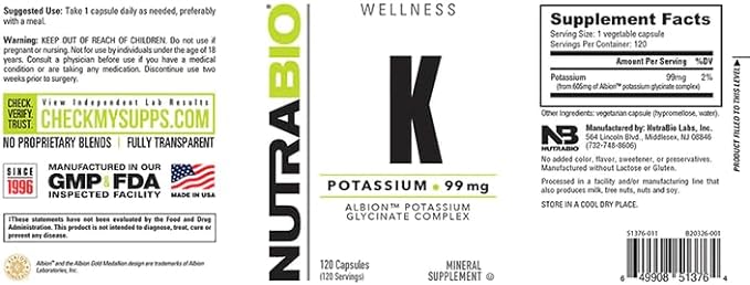 NutraBio Potassium Complex, Potassium Supplement for Healthy Heart, Bones, Muscles & Digestion, 99mg - 120 Vegetable Capsules