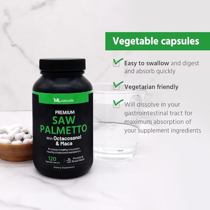 Saw Palmetto 1000 mg 120 Vegan Capsules. 3 in 1. Premium Quality with Octacosanol & Maca. Prostate, Urinary Health, Circulatory Health, Natural Energizer.