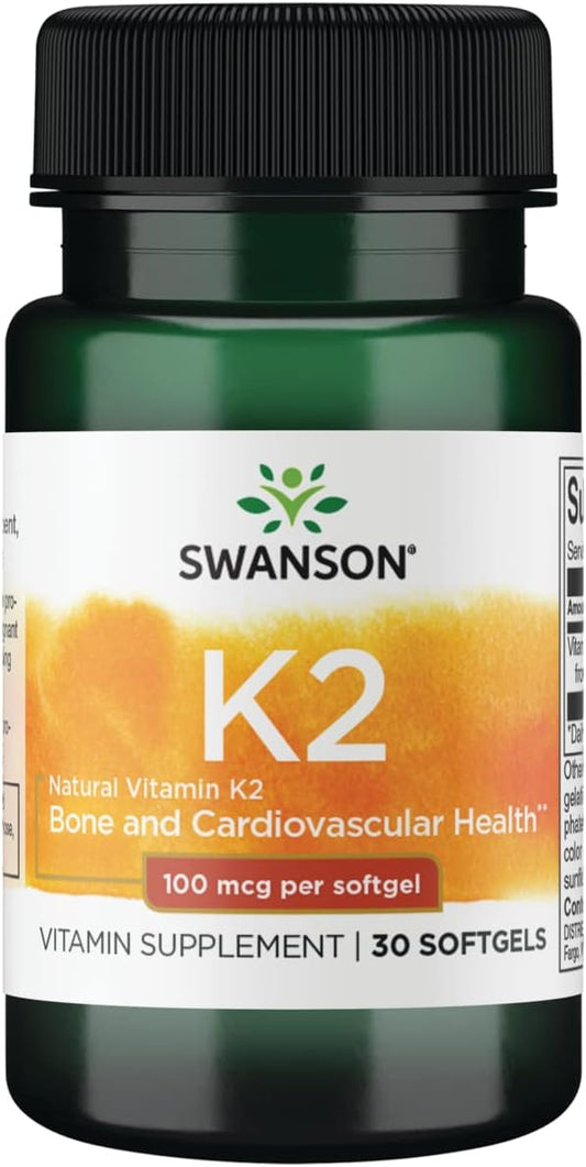 Swanson Vitamin K2 (Menaquinone-7) - Vitamin Supplement Supporting Cardiovascular and Bone Health - Made from Japanese Natto to Help Regulate Calcium - (30 Softgels, 100mcg Each)