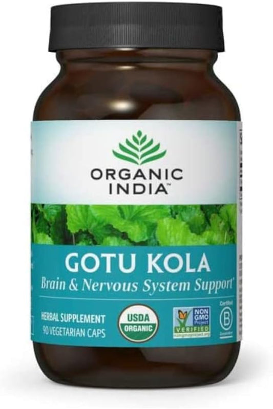 Organic India Gotu Kola Herbal Supplement - Adaptogen for Brain & Nervous System Support, Vegan, Gluten-Free, Kosher, USDA Certified Organic, Non-GMO, Calming, Clarity - 90 Capsules