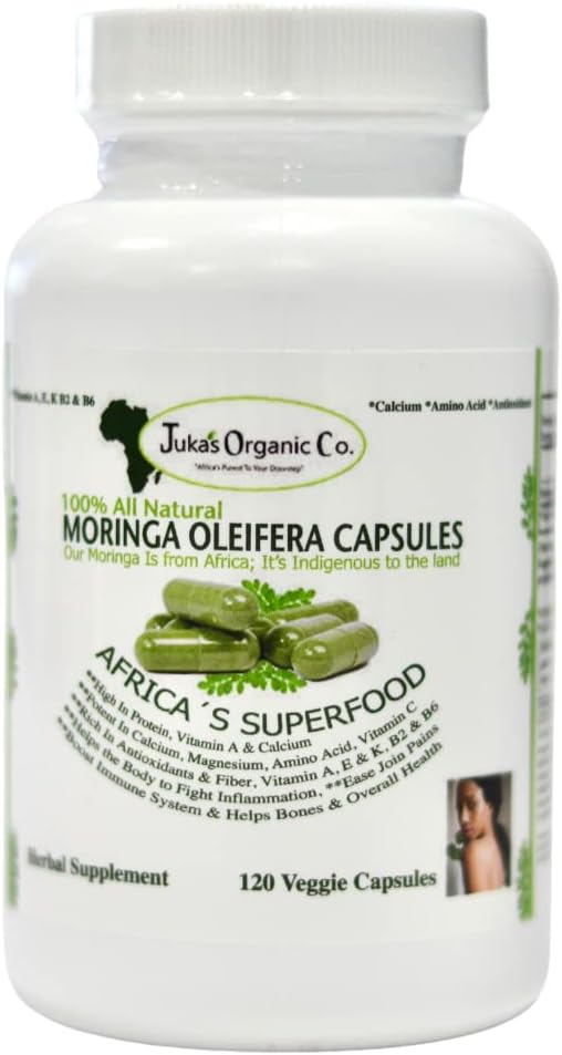 Juka's Organic Co. Moringa Powder Capsules (100% Authentic, Organic, Non GMO, Zero Additives. Rich in Antioxidants & Amino Acids, Indigenous to Africa) Vegan Capsules 120-500mg