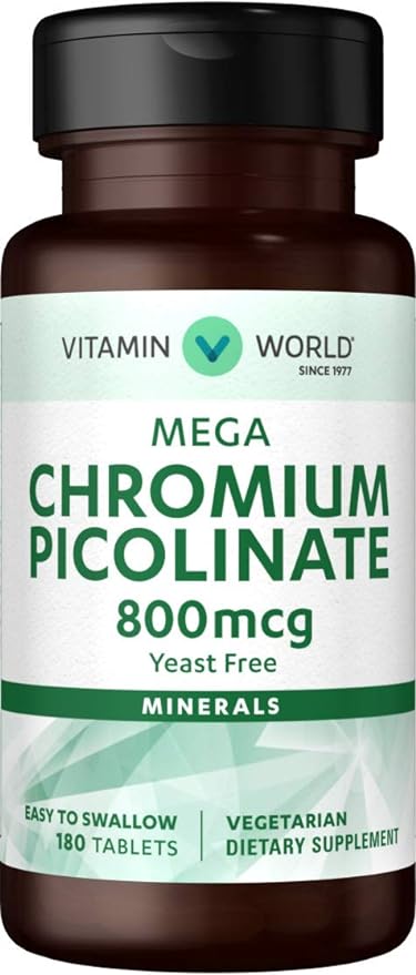 Vitamin World Mega Chromium Picolinate 800 mcg. 180 Tablets, Trace Mineral Supplement, Yeast-Free, Vegetarian, Gluten Free