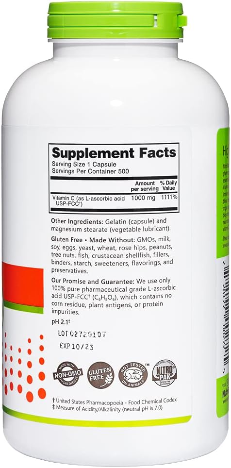 NutriBiotic - Vitamin C 1000 Mg Capsules, 500 Count | Essential Immune, Antioxidant & Collagen Support Supplement | Pharmaceutical Grade L-Ascorbic Acid, 1000 Mg Per Serving | Gluten & GMO Free