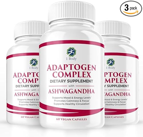 1 Body Ashwagandha Complex Supplement - Adaptogen Formula - Focus and Energy Support Supplement for Men and Women - 180 Vegan Capsules