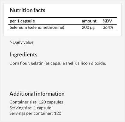 Selenium 200 µg (Selenomethionine) - 120 Capsules - 4 Months Supply - Diet Supplement to Support Thyroid and Immune System - by MZ