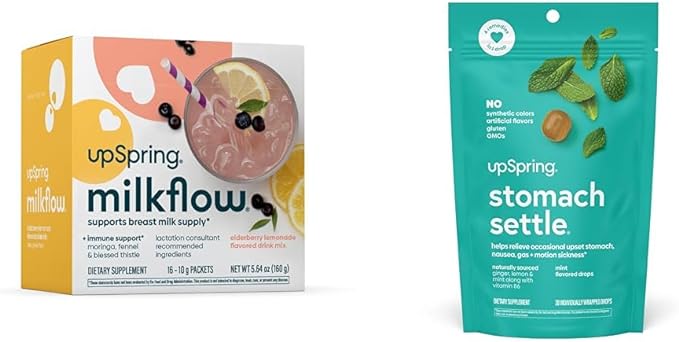 UpSpring Stomach Settle Drops, Mint Flavour, 28 Ct+Milkflow Breastfeeding Supplement Drink Mix with Moringa & Blessed Thistle, No Fenugreek |Elderberry Lemonade Flavor | 16 Drink Mixes