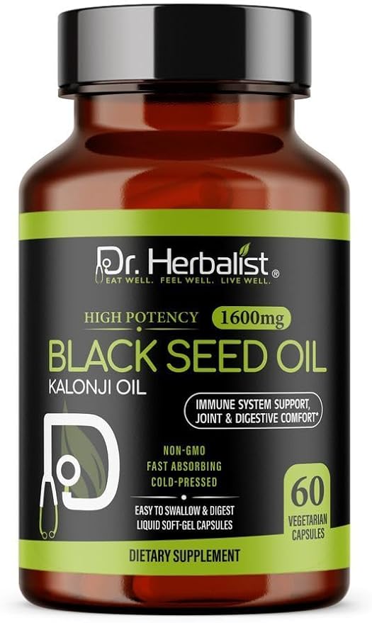 Dr. Herbalist Pure Blackseed oil capsules 1600mg | Non-GMO | Fasting Absorbing | Vegetarian | Cold-Pressed | High Potency (1 Pack: 60 Capsules) Aids in Digestive Health I Immune Support