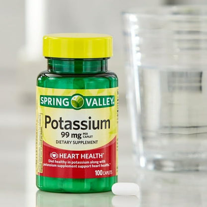 Spring Valley Potassium 99mg - Caplets Suplement, 100ct (Pack of 1), Set with Fusion Shop Store Keychain Portable Travel Case Pills (1)