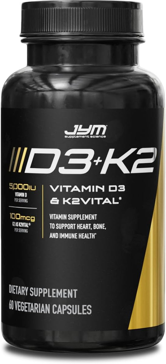 JYM D3 + K2 with 5000iu D3 & 100mcg of Vitamin K2 as MK-7, Bone, Cardiovascular + Immune Health for Men & Women, Softgel