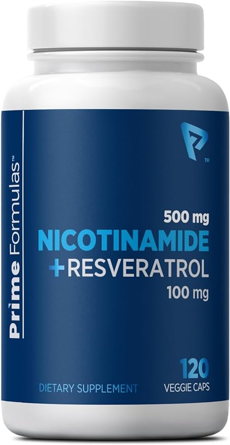 Nicotinamide 500 mg with Resveratrol 100 mg 120 Veggie Capsules - Vitamin B3 No-Flush, Non-GMO, Gluten-Free, Made in USA