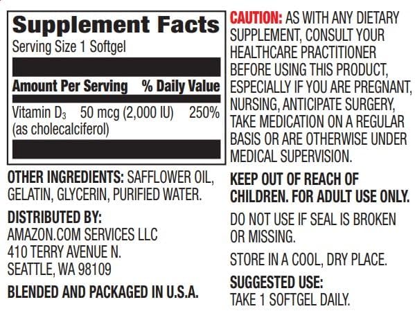 Amazon Elements Vitamin D3, 2000 IU, 180 Softgels, 6 month supply (Packaging may vary), Supports Strong Bones and Immune Health