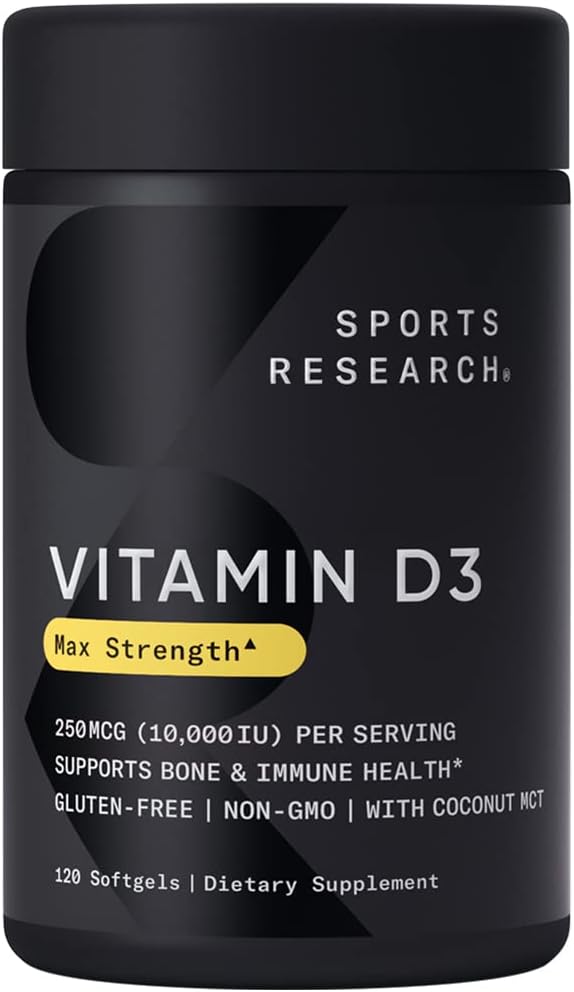 Sports Research Vitamin D3 10,000 IU with Coconut MCT Oil - High Potency Vitamin D Supplement for Immune & Bone Support - Non-GMO Verified, Gluten & Soy Free – 250mcg, 120 Liquid Softgels