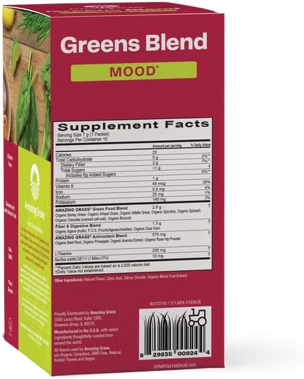 Amazing Grass Greens Blend Mood: Super Greens Powder Smoothie Mix for Mood, Relaxation & Stress Support with Organic Spirulina, Chlorella, Beet Root Powder, Digestive Enzymes & Probiotics, 15 Servings