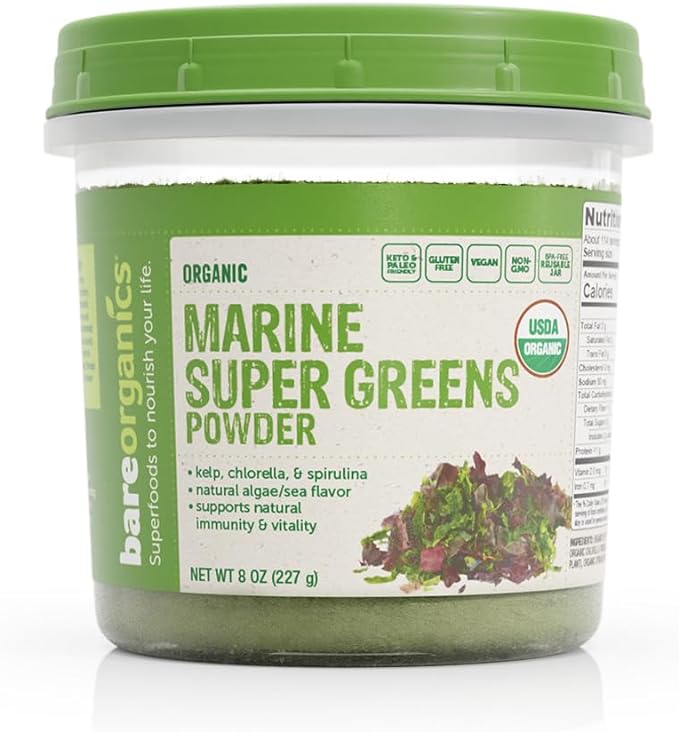 BareOrganics Marine Super Greens Powder | USDA Organic, Gluten-Free, Vegan, Non-GMO, BPA-Free | Kelp, Chlorella, Spirulina, 8oz