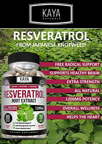 Kaya Naturals - Resveratrol Capsules - Anti Aging Supplement - Antioxidants with Brain Support - Maximum Benefits - 60 Veggies Capsules