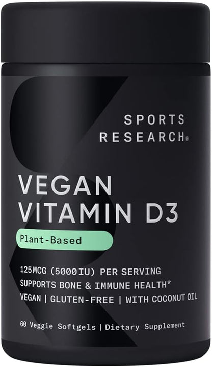 Sports Research Vegan Vitamin D3 5000IU (125 mcg) with Coconut Oil | 100% Plant-Based Vitamin D for Bone, Joint & Immune Support | Carrageenan Free, Vegan Certified & Non-GMO Verified (60 Softgels)