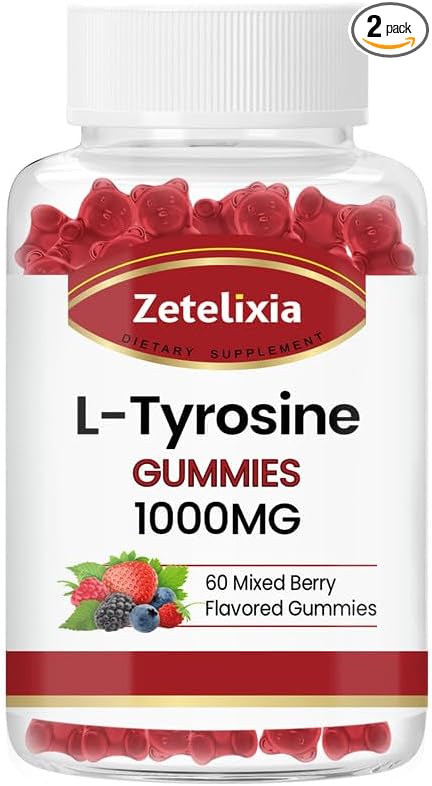 L Tyrosine Gummies 1000mg, L-Theanine Supplement gummy 200mg, Sugar Free L-Tyrosine with Vitamin B6 Energy Supplements for Adults & Kids - Support Mood Focus Gummies,Brain Memory,Vegan(120 Count)