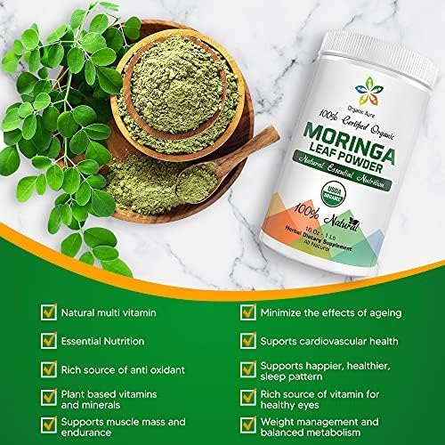 Certified Organic Moringa Leaf Powder-1Lb. USDA Certified Organic. 100% Pure and Original. Naturally boosts Energy, Metabolism & Immunity. Raw Green Whole Superfood. No GMO, Gluten Free