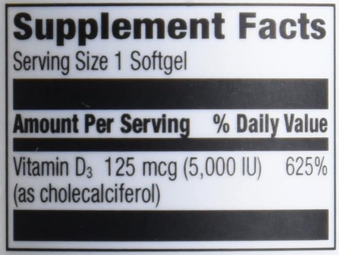 Amazon Elements Vitamin D3, 5000 IU, 180 Softgels, 6 month supply (Packaging may vary), Supports Strong Bones and Immune Health