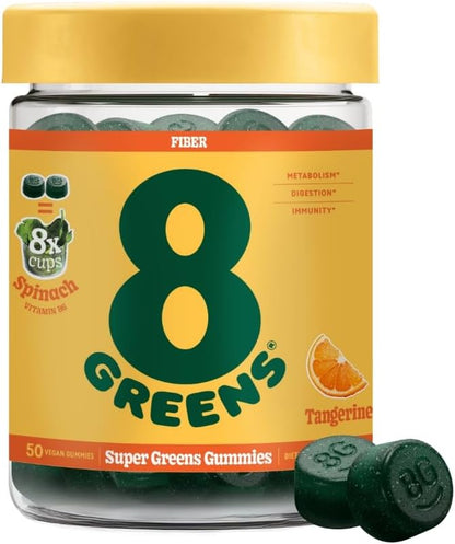 8Greens Daily Fiber Super Greens Gummies - Tangerine Flavor: Boost Immune System & Digestive Health with 8 Real Greens - Non-GMO Formula, Chewables