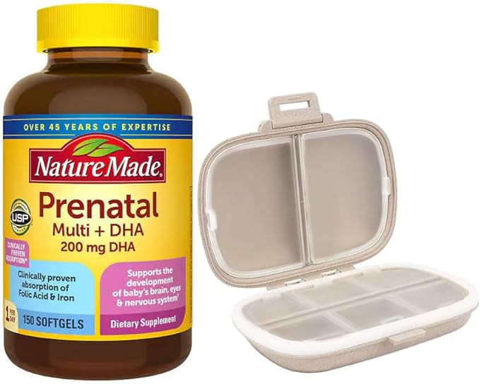 Nature Made Prenatal Multi + DHA, 150 Softgels, Bundle with a Travel Pill Organizer, 8 Compartments Portable Pill Case, Color Khaki