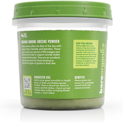 BareOrganics Marine Super Greens Powder | USDA Organic, Gluten-Free, Vegan, Non-GMO, BPA-Free | Kelp, Chlorella, Spirulina, 8oz