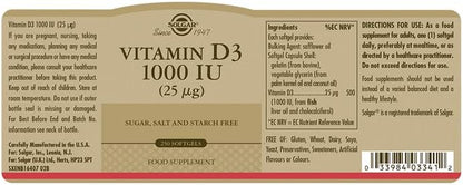 Solgar Vitamin D3 (Cholecalciferol) 25 MCG (1000 IU), 250 Softgels - Helps Maintain Healthy Bones & Teeth - Immune System Support - Non-GMO, Gluten Free, Dairy Free - 250 Servings