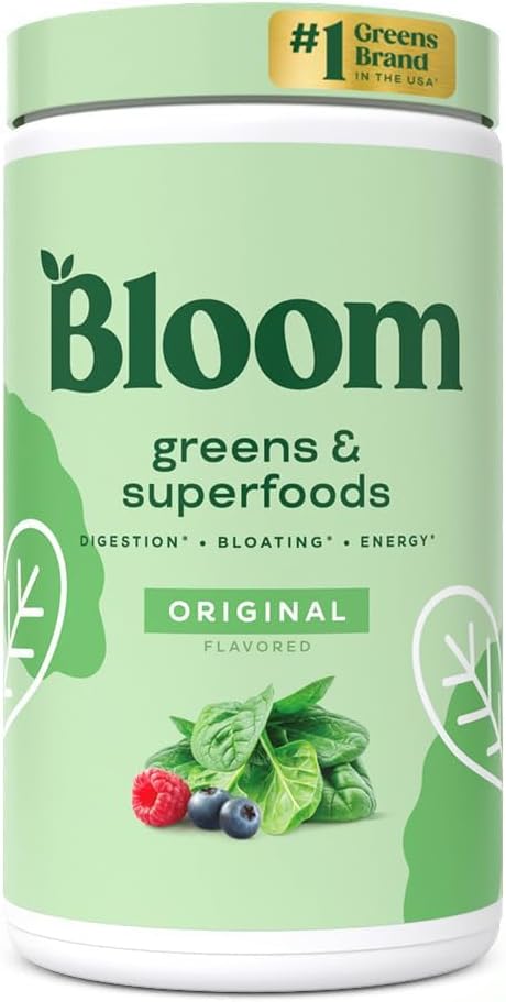 Bloom Nutrition Superfood Greens Powder, Digestive Enzymes with Probiotics and Prebiotics, Gut Health, Bloating Relief for Women, Chlorella, Green Juice Mix with Beet Root Powder, 60 SVG, Original