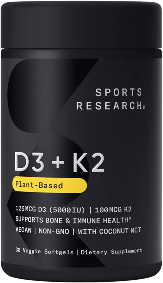 Sports Research Vitamin D3 K2 with Coconut Oil | Plant Based Vitamin K2 MK7 + Vegan D3 5000iu for Bone & Immune Health | Vegan Certified, Soy & Gluten Free - 30 Count Softgels