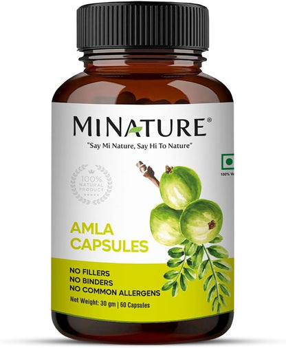 Amla Capsules (Amla Fruit Powder Capsules) by mi Nature|Amalaki Fruit, Indian Gooseberry | 60 Vag Capsules, 500mg 1 Month Supply | Pure & Natural | Raw, Vegan, Gluten-Free| Made in India