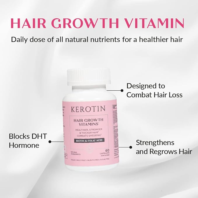 Kerotin Hair Growth Vitamins for Longer, Stronger, Healthier Hair - Hair Loss Supplement Enriched with Biotin, Folic Acid, Saw Palmetto - Hair Vitamins to Grow Thick Hair - 60 Pills (1 Month) (6)