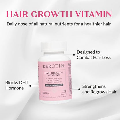 Kerotin Hair Growth Vitamins for Longer, Stronger, Healthier Hair - Hair Loss Supplement Enriched with Biotin, Folic Acid, Saw Palmetto - Hair Vitamins to Grow Thick Hair - 60 Pills (1 Month) (6)