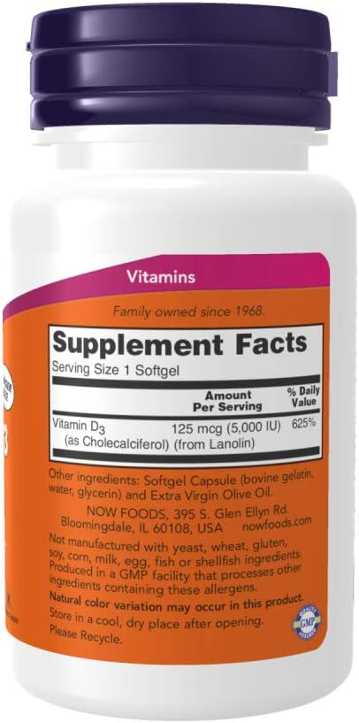 Now Foods Vitamin D3 5,000 IU, 240 softgels (Pack of 2)