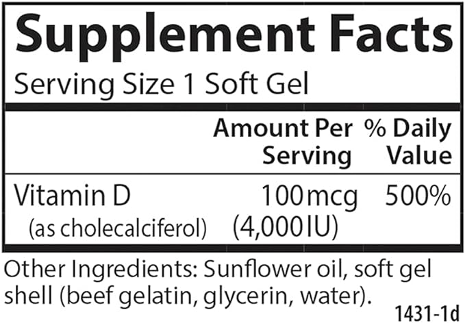 Carlson - Vitamin D3, 4000 IU (100 mcg), Vitamin D Supplements, Bone & Immune Health, Cholecalciferol Supplement, Gluten Free Vitamin D Capsules, 120 Softgels