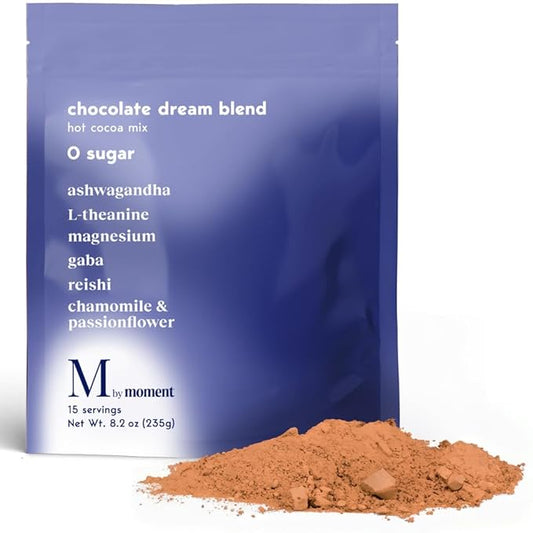 Moment Chocolate Dream Mushroom Blend (Shark Tank) Melatonin Alternative | Improves Sleep | Zero Sugar Hot Chocolate Powder Night Drink | Adaptogens, Reishi, Gaba, Magnesium, Chamomile | 15 Servings